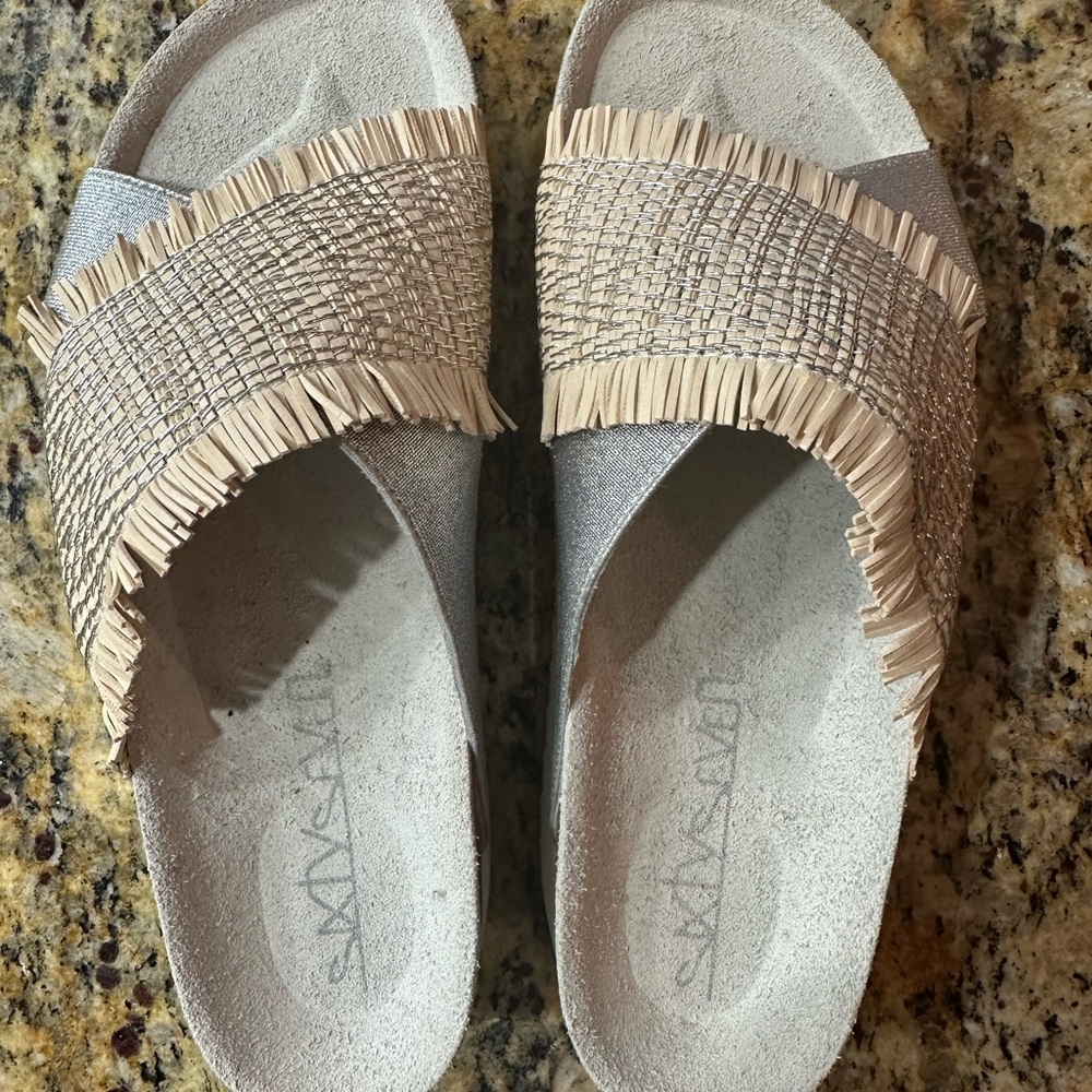 Sixtyseven Silver and Tan Fringe Sandals
